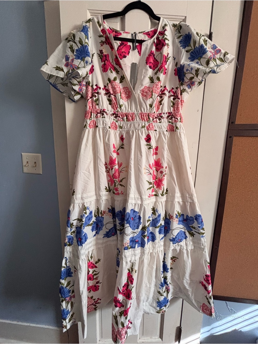 Anthropologie Somerset White Maxi Dress with Pink & Blue Floral Print